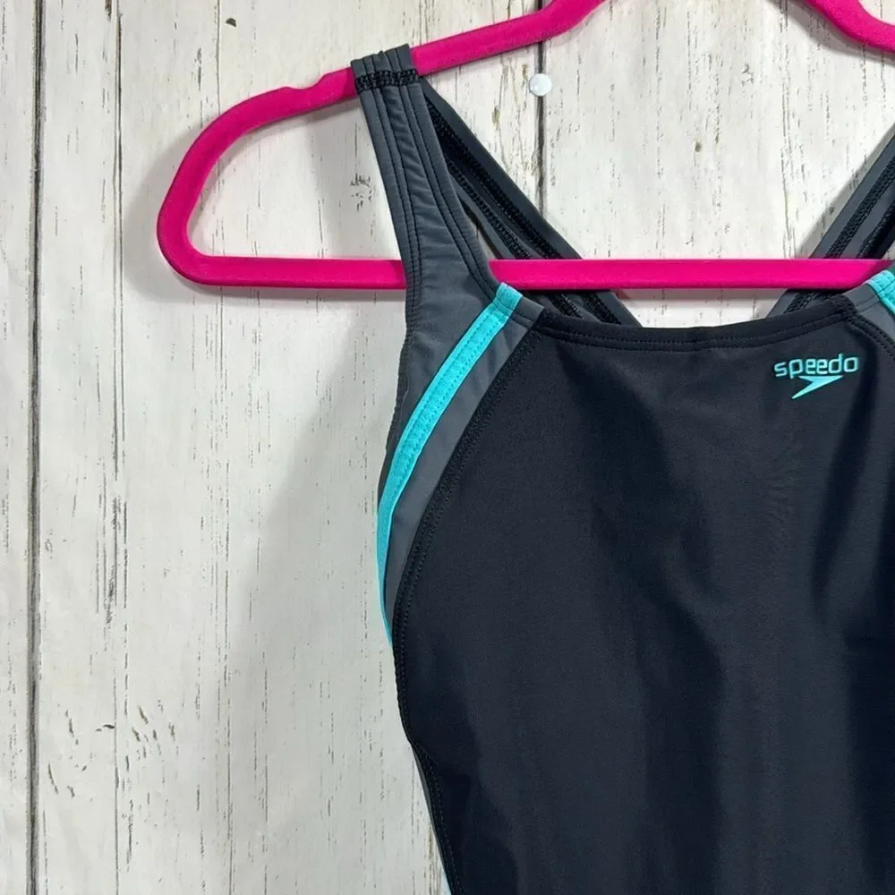 Speedo Womens Black Aqua Racerback Hydro Bra One Piece Swimsuit